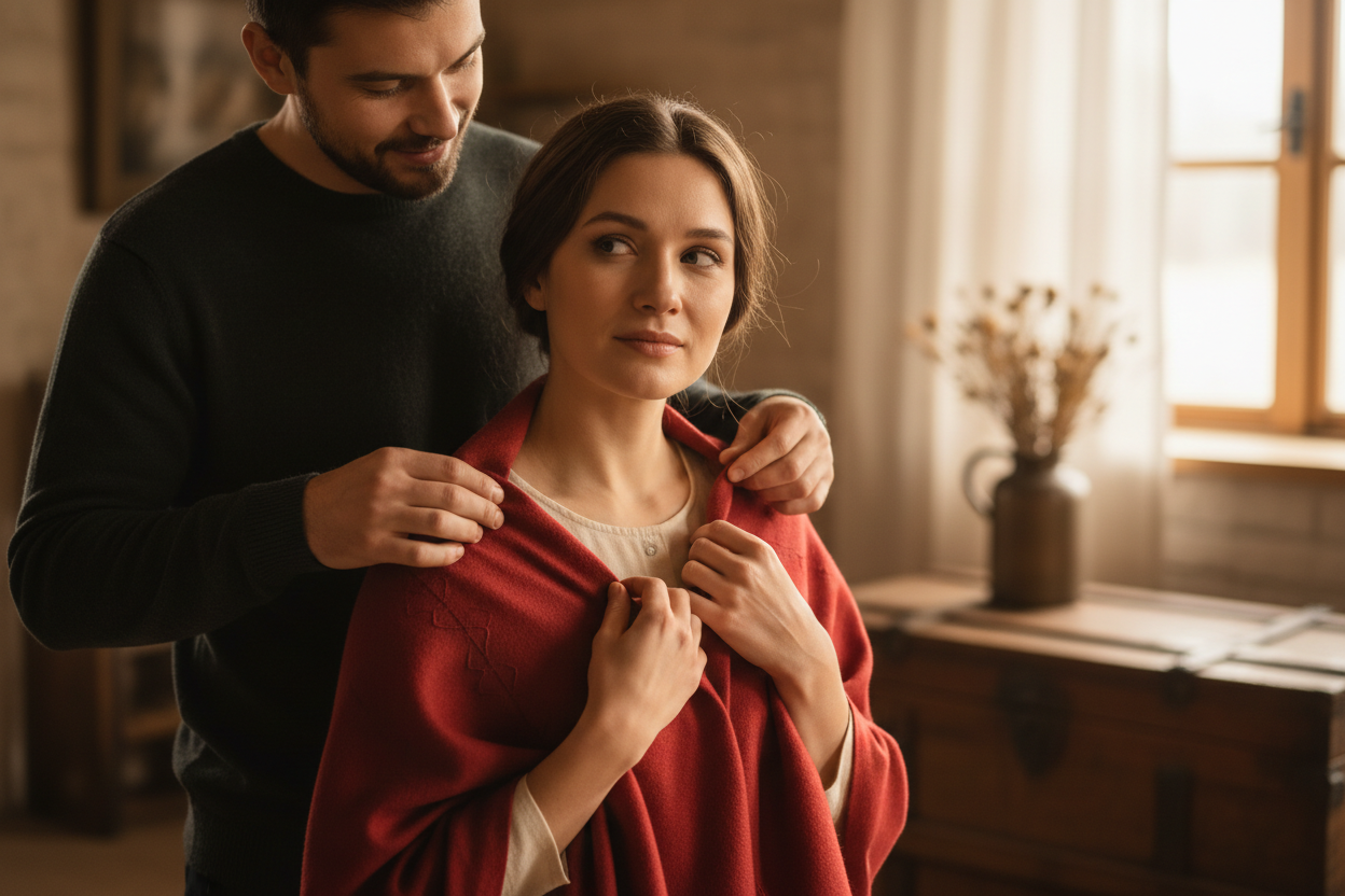  you will create an image of a man gifting a woman a simpel red shawl, conveying a blend of love and reassurance